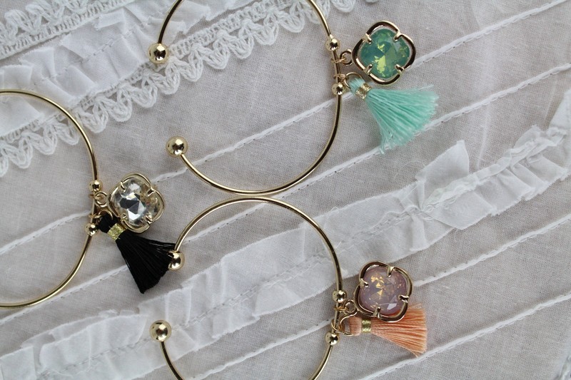 Gold Tassel Cuff Bracelet Thread Fringe and Crystal or Opal Charm 3 Colors gallery
