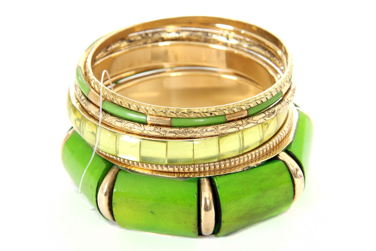 Women's Fashion Exotic 6 Piece Hand Painted Wide Cuff Bangle Set Green/Gold gallery