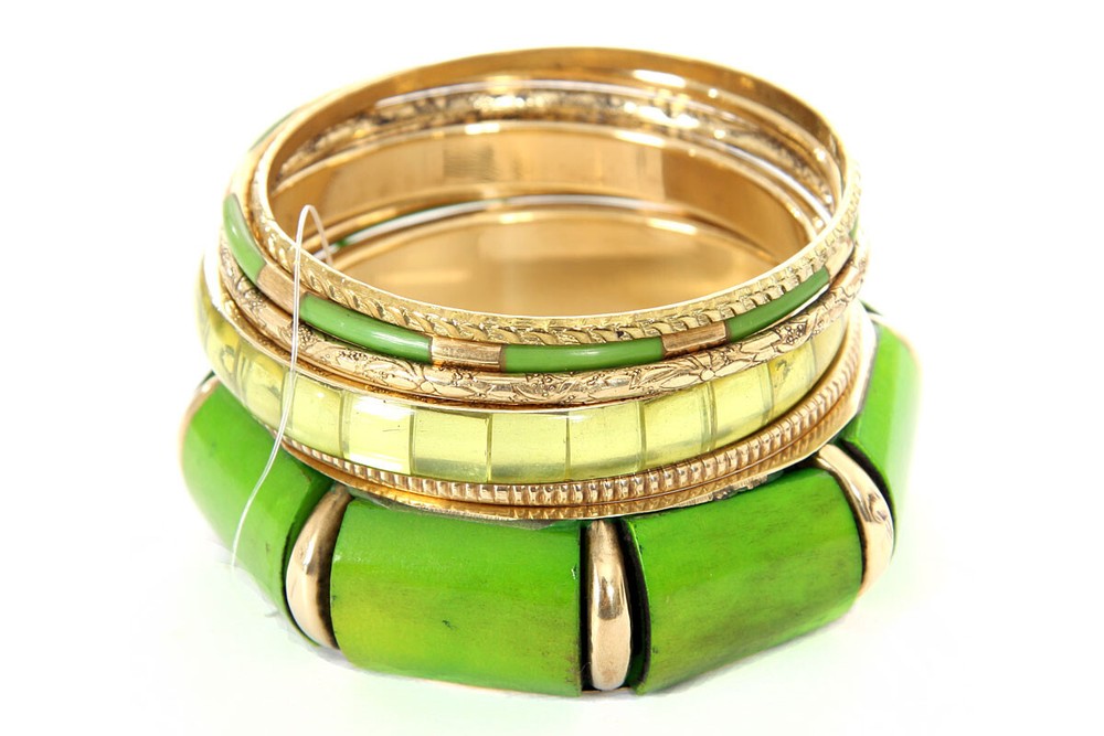 Women's Fashion Exotic 6 Piece Hand Painted Wide Cuff Bangle Set Green/Gold