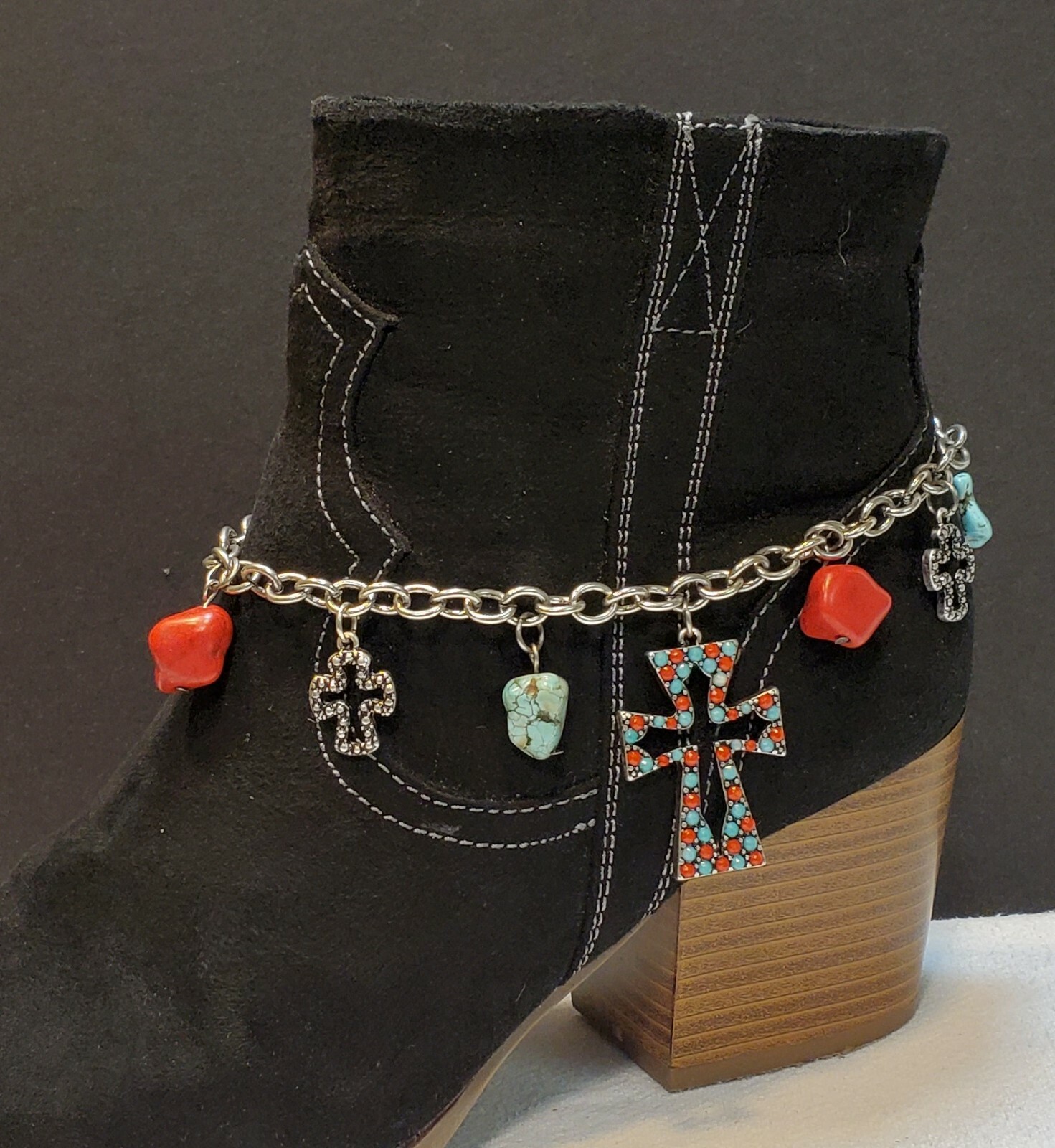 My Style-Adjustable Silver with red and turquoise beads and cross boot charm gallery