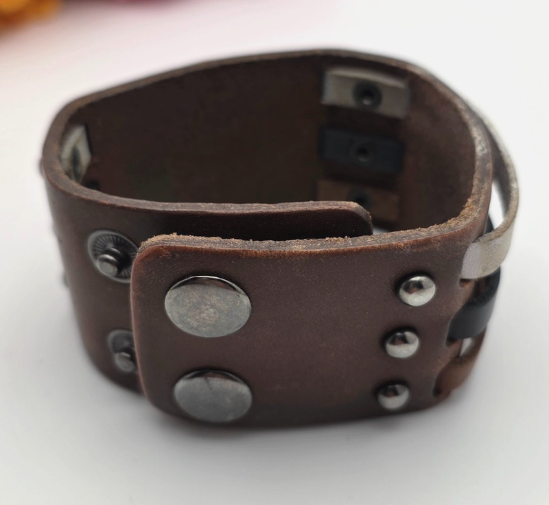 Wide Brown Leather Cuff Bracelet 9 in Multicolor Strap Snap Adjustable 38mm Wide gallery