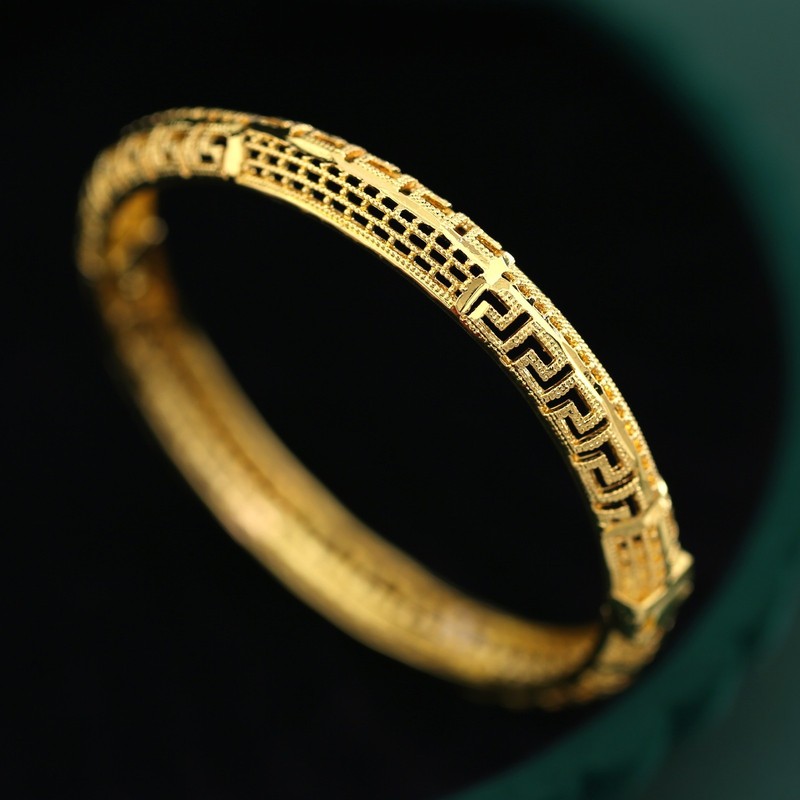 18K YELLOW GOLD FILLED 8MM Matte GREEK KEY BAND 60MM WOMEN SOLID BANGLE BRACELET gallery