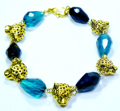 Gold Tone Metal Jaguar Beads Aqua & Black Crystal Bracelet Jacksonville Jaguars