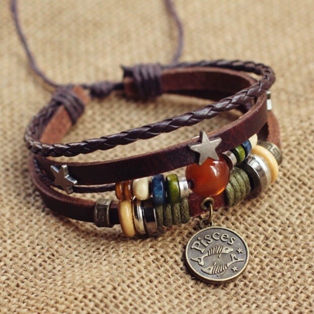 BOHO Pisces Leather 4 Layer Wood Metal Glass bread Bracelet Adjustable Unisex gallery