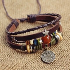 BOHO Pisces Leather 4 Layer Wood Metal Glass bread Bracelet Adjustable Unisex