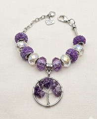 Adjustable Purple Beaded Charm Bracelet Amethyst Chip Tree of Life Dangle