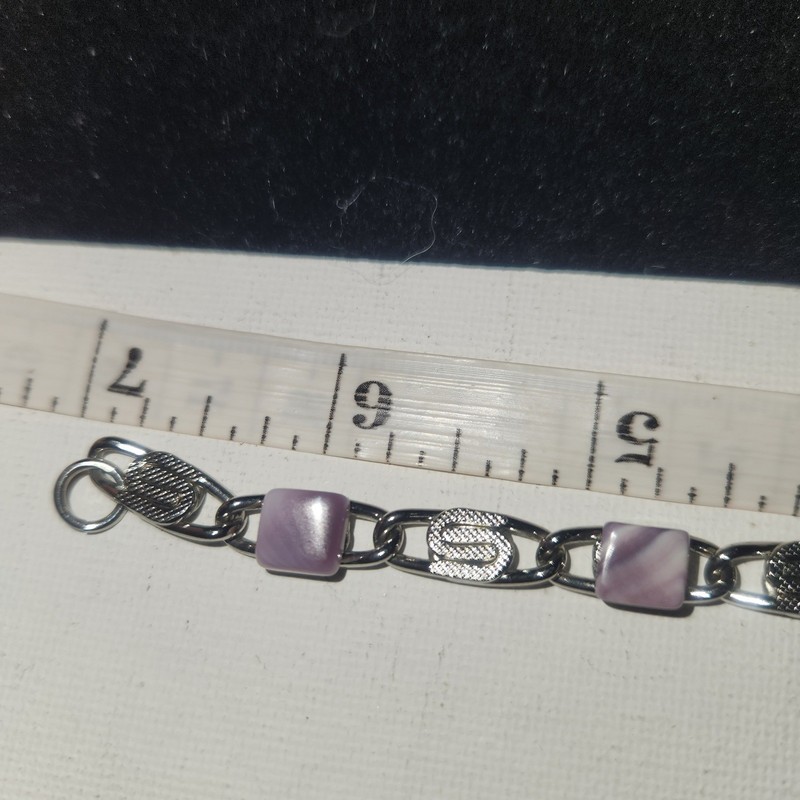 Vintage Silver Tone Purple Resin Square Link Bracelet 7 Inch Geometric Clasp gallery
