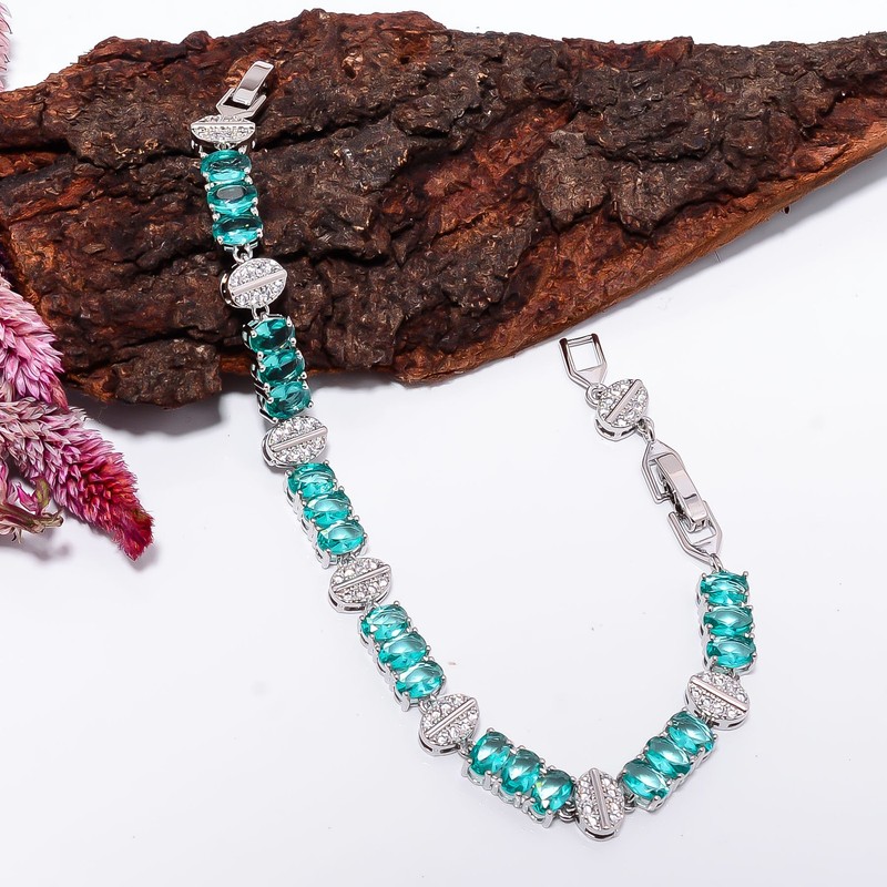 Apatite, CZ 925 Sterling Silver Adjustable Bracelet 7-8" B142210, Gift for her gallery