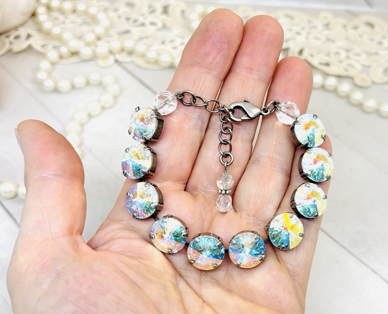12mm Antique Silver Crystal AB Cup Chain Bracelet with Aurora Borealis Crystals gallery