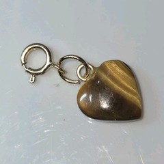 Gold 585 Tiger’s Eye Heart Charm with Spring Ring Closure, Brown Dangle