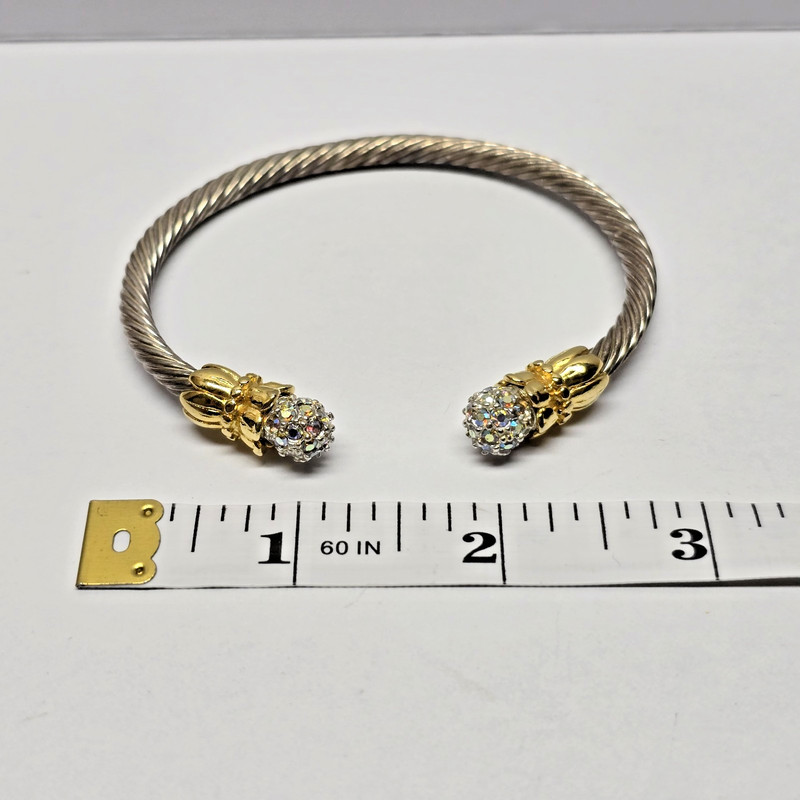 Silver Tone Twist White Rainbow Rhinestone End Open Cuff Bracelet gallery