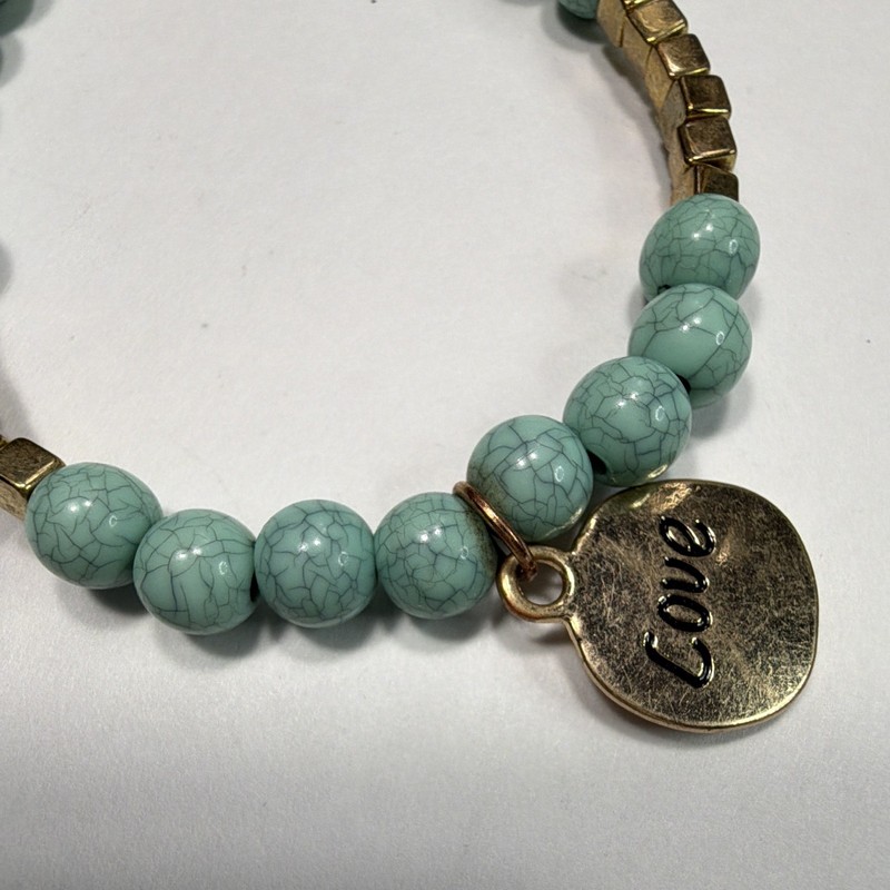 Turquoise Beaded Bolo Bracelet, Adjustable, Gold Tone Spacers, Love Charm gallery