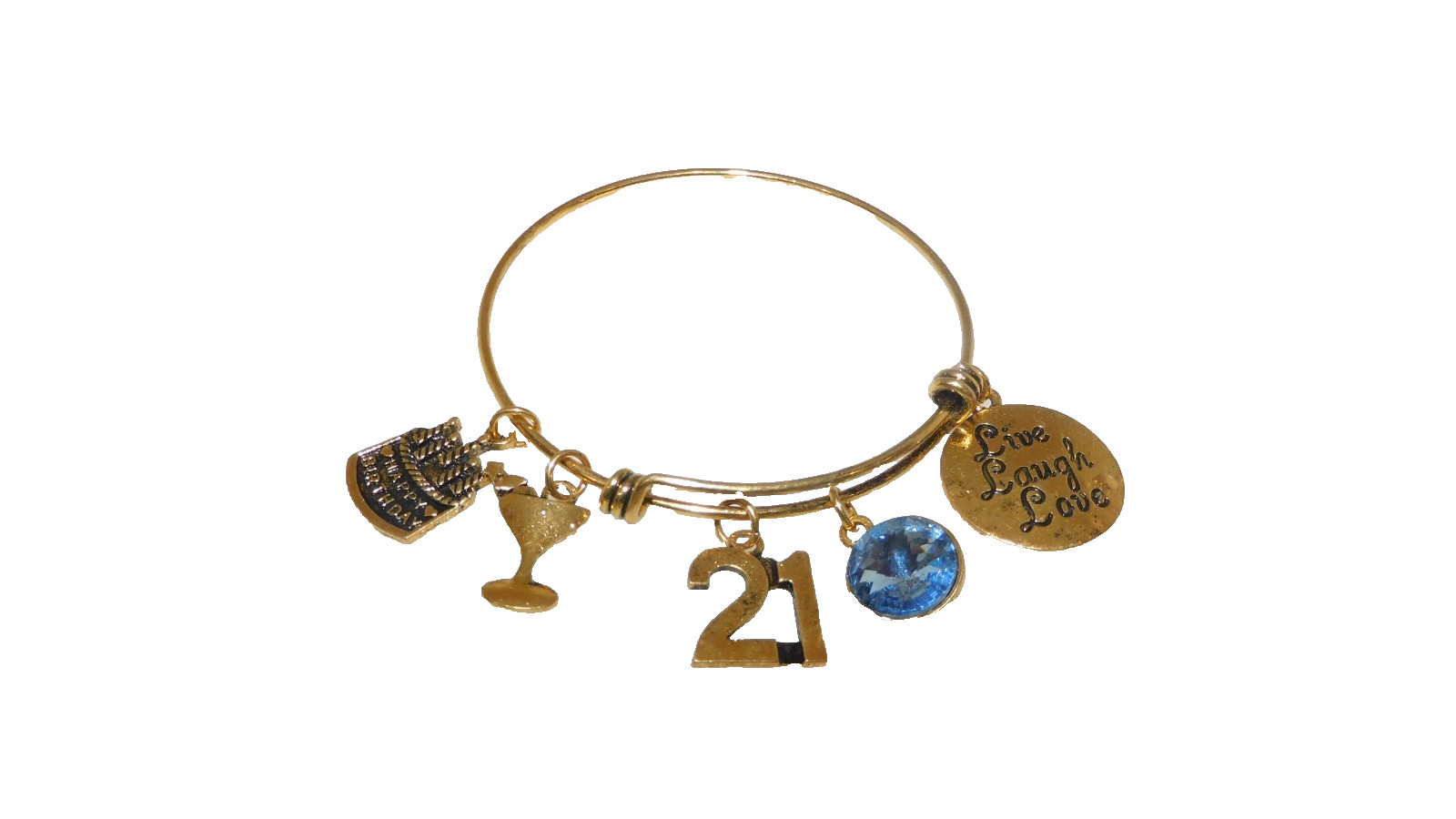 21 st BLUE RHINESTONE CAKE CHAMPAGNE BOTTLE CHARM ADJUSTABLE BRACELET gallery