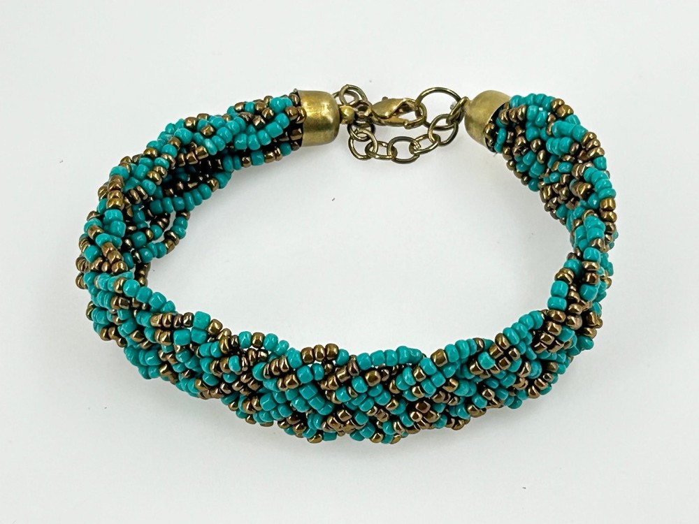 Beaded Braided Bracelet Adjustable Turquoise Bronze Seed Beads 8-10 inches