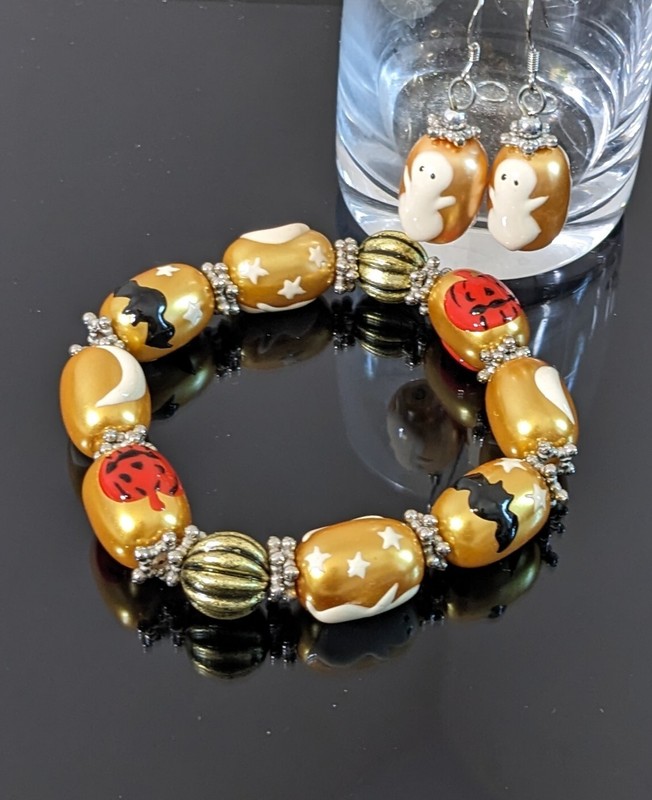 Halloween Bracelet Pumpkin Ghost Ghost Pearl Beaded Stretch Bracelet Earrings gallery