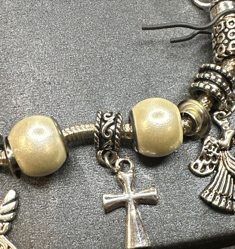 Charm Bracelet silver tone heart clasp Angel Cross religious love beaded gallery