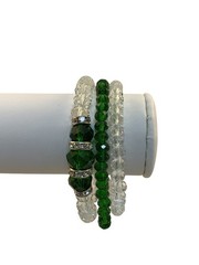 Set Of 3 Green And Clear Crystals Beaded Fashion Stretch Bracelets (1888)