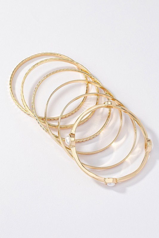Gold 6-Pc Stackable Bangle Bracelet Set with Faux Pearl – Textured & Smooth gallery