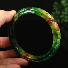 72mm Brown Emerald Green Burma Jadeite Jade Bangle Bracelet Ruyi Fish A-14789