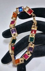 80s-90s Goldtone Tennis Bracelet Multicolor Vintage Costume Square Inset BLING