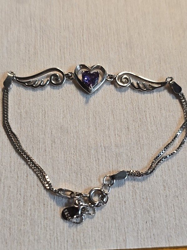 Sterling Silver Adjustable Heart Wing Charm Bracelet Purple Amethyst gallery
