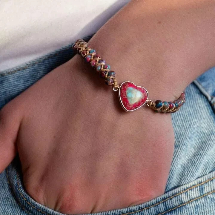 Handmade Natural Heart Gemstone Sea Sediment Healing Chakra Women Bracelet Gifts gallery