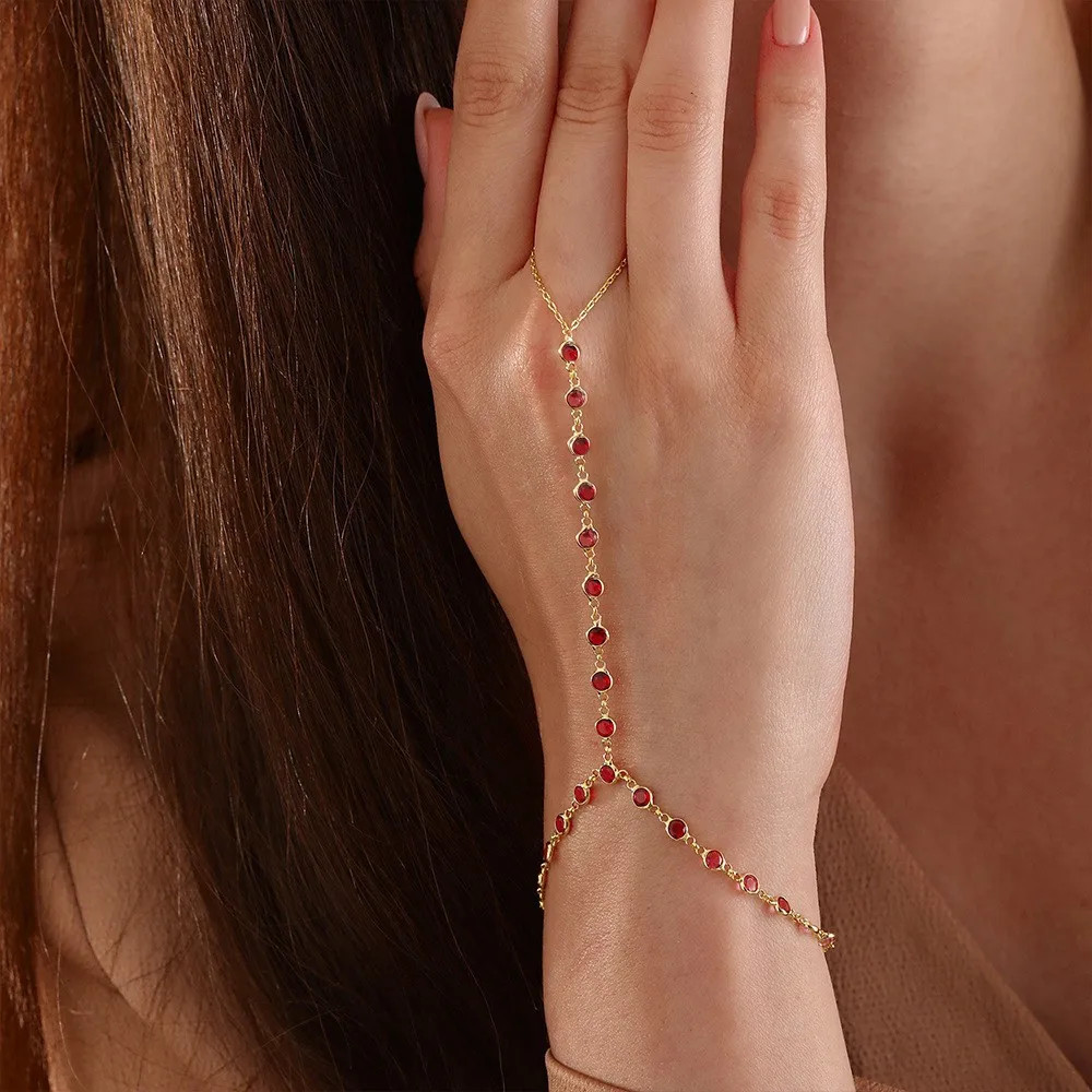 Stainless Steel Hand Chain Bracelet Women Zircon Beaded Link Ring Jewelry