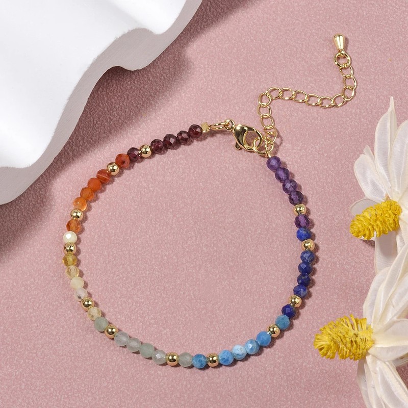 Natural Stone Beaded Bracelet Women Mixed Gemstone Faceted Round Strand Jewelry gallery
