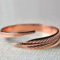 Pure Copper Feather Cuff Bracelet Adjustable Boho Open Bangle Nature Inspired