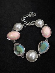 Silver Tone Pink Iridescent AB Crystal Faux Pearl Bezel Tennis Bracelet 9 in