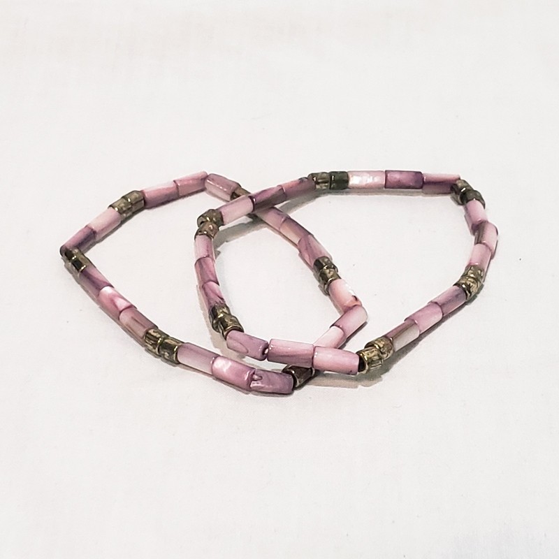 Pair Beaded Gold Tone Purple Stretch Shell Resin Bracelet 2.5" gallery