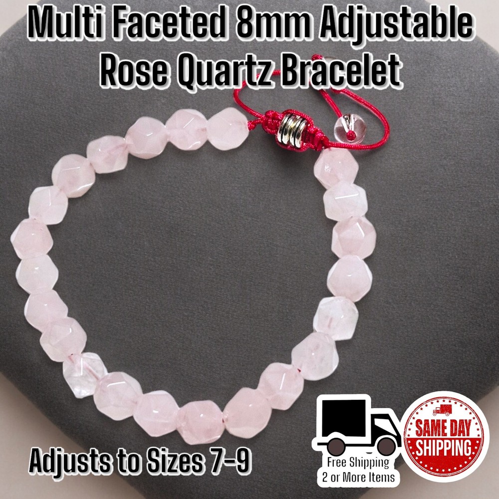 Rose Quartz Pink Adjustable Multi Faceted Crystal Healing Bracelet Sz 7-9