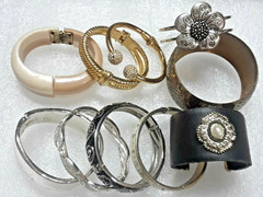 Old bracelets. Leather, plastic, metal, rhinestones, gold, silver, clamp, hinge