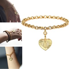 Women Gold Plated Stainless Steel Bracelet Heart Charm 8 inch 5mm Cable Chain