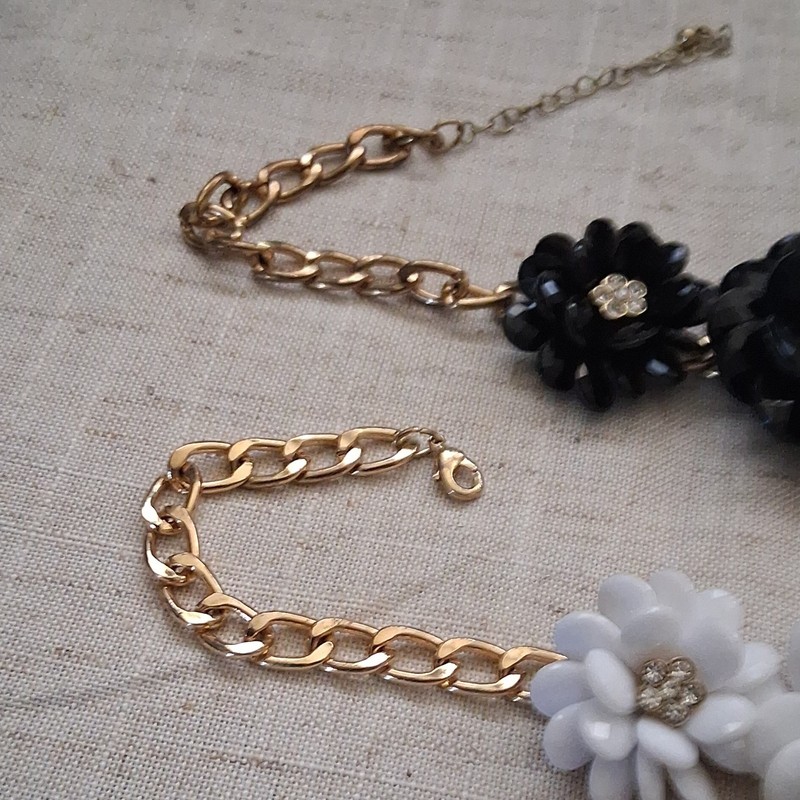 Gold Tone Curb Chain Charm Bracelets, Black & White Flower, Clear Crystals gallery