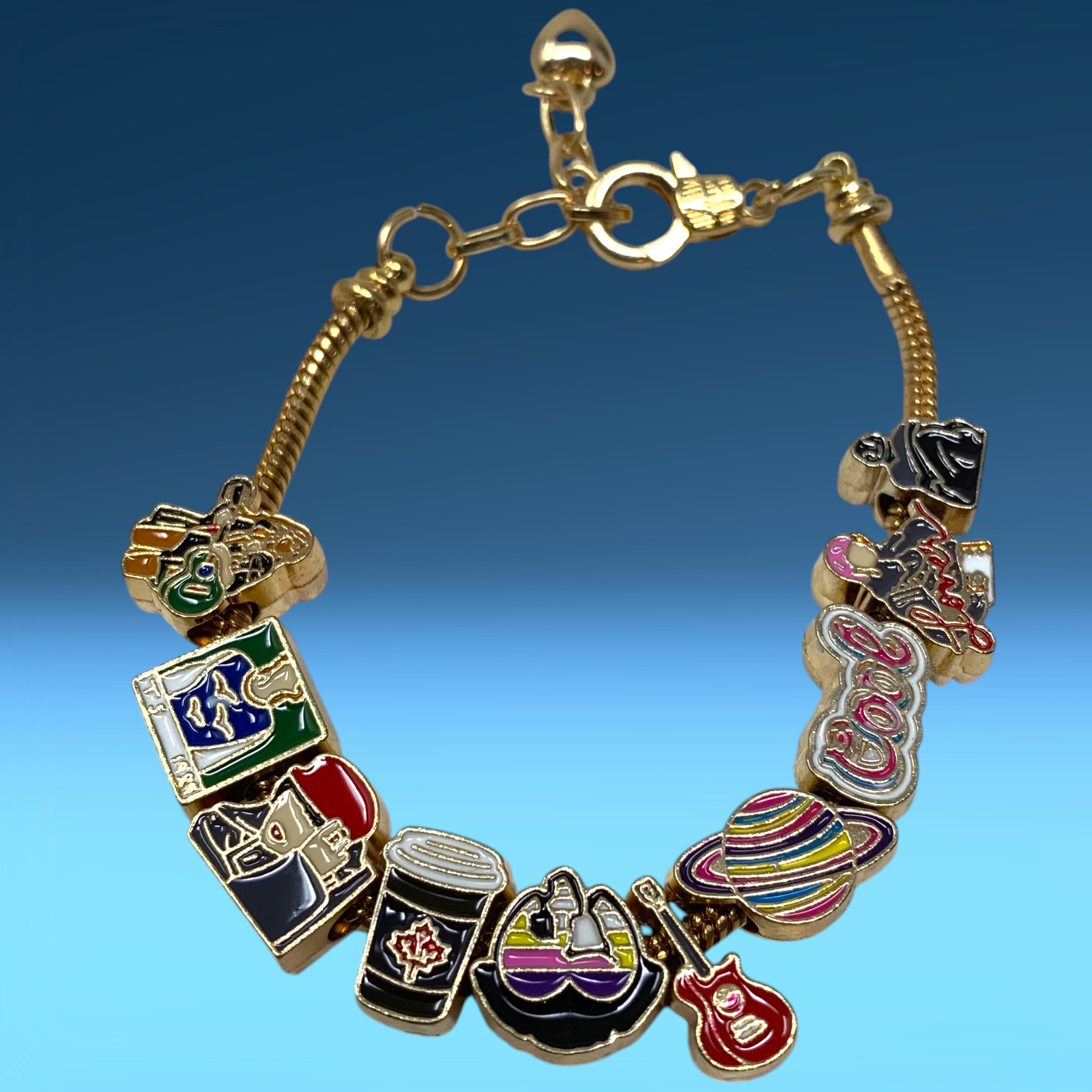 Add A Charm Bracelet Taylor Swift -Travel -Coffee -Guitar- Enamel Gold Tone gallery