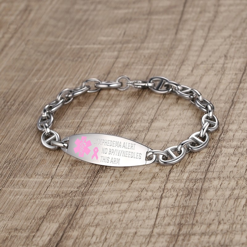 CUSTOM ENGRAVE Lymphedema Pink Ribbon Alert No BP/IV Needles Oval Link Bracelet gallery