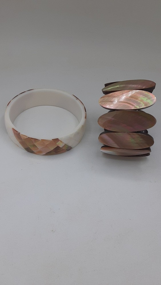 Inlay Shell Resin Bangle Bracelet & Golden Shell Stretch Bracelet "7.5" SET Of 2