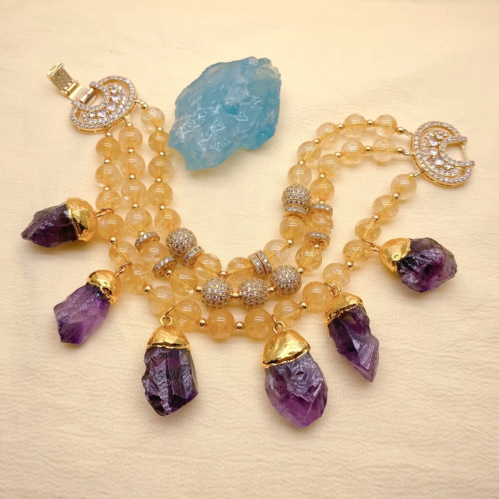 3 Strands Natural Citrine Bracelet Amethyst Rough Raw Charm Gemstone Jewelry gallery