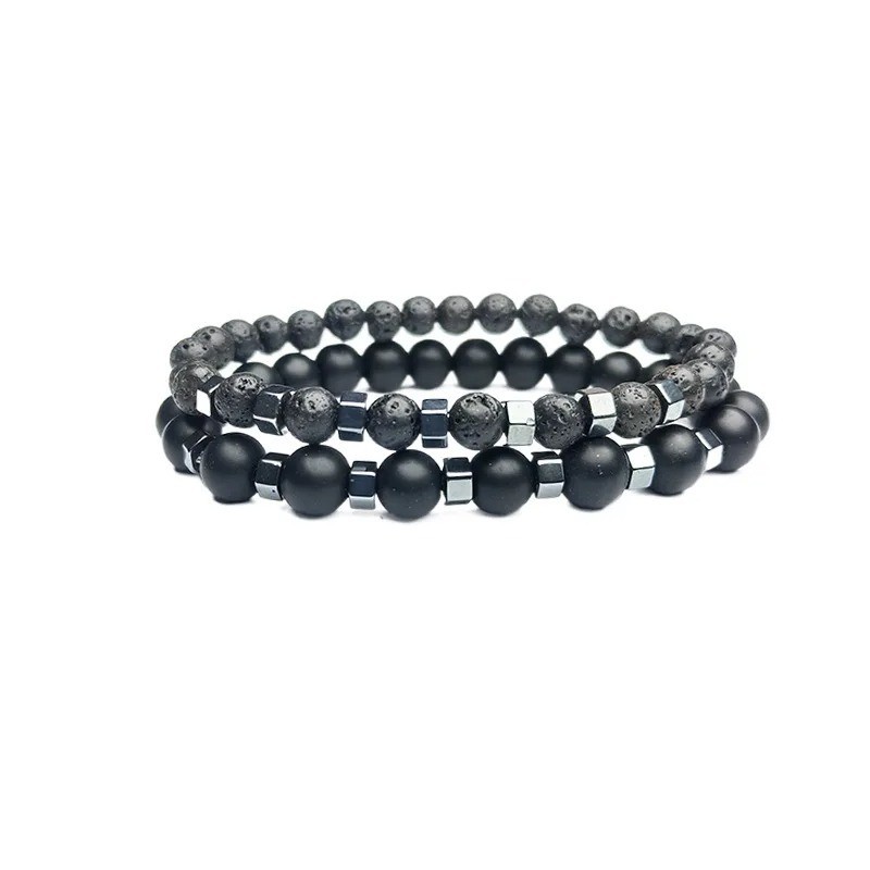 New In Frosted Black Bead Volcanic Stone Men’s Bracelet Set Double Layer Nature gallery