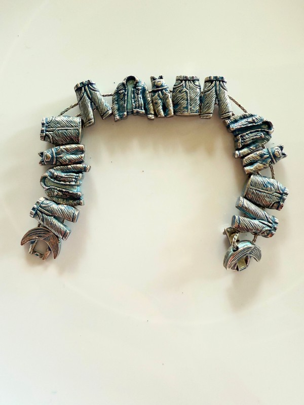 Vintage charm slide bracelet blue jeans clothing metal silver teal tone sliding gallery