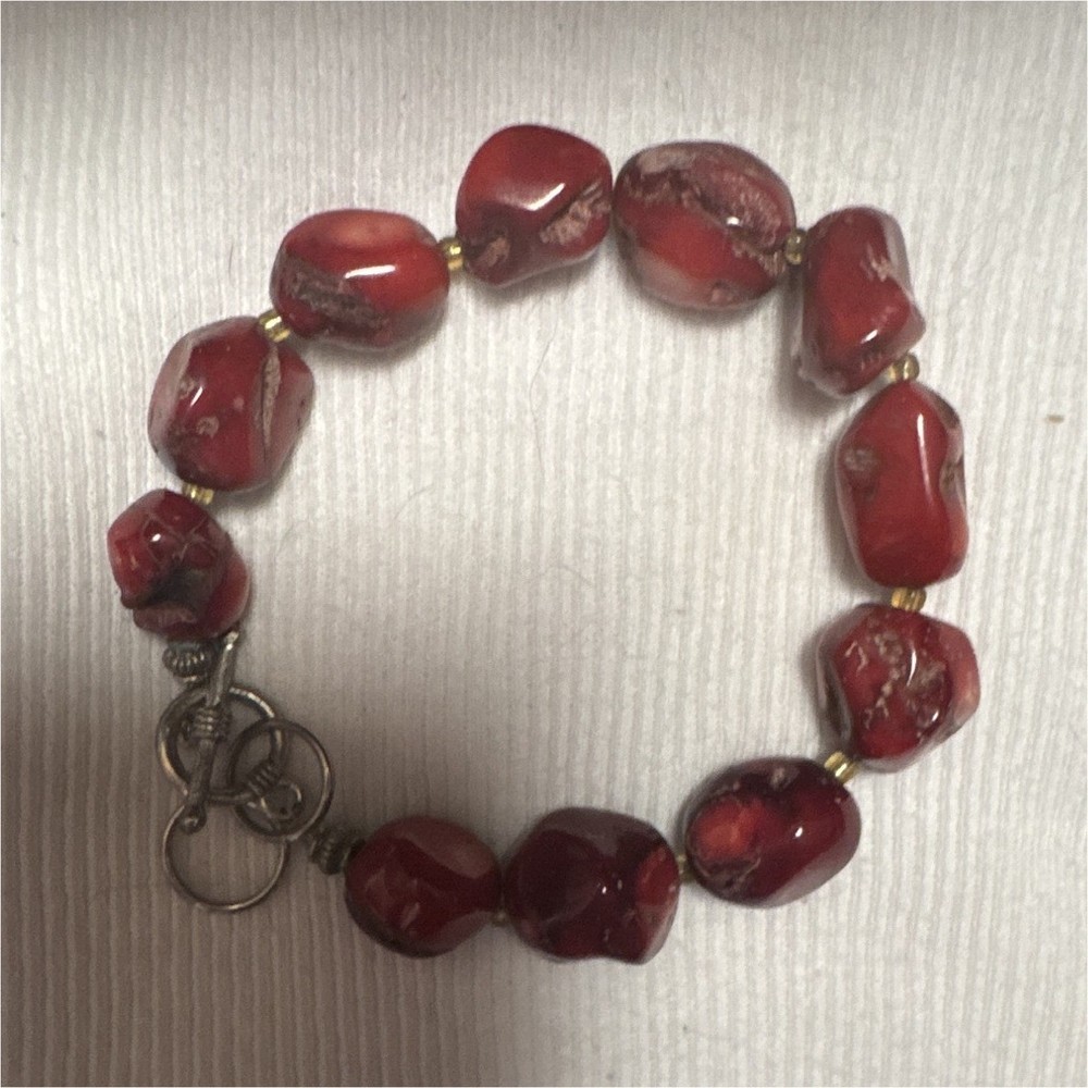 Red Stone Beaded Toggle Bracelet Handmade Irregular Chip Metal Accents