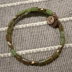 Green Gold Tone Beaded Bangle Bracelet Dangle Charm Stackable Signed 7in