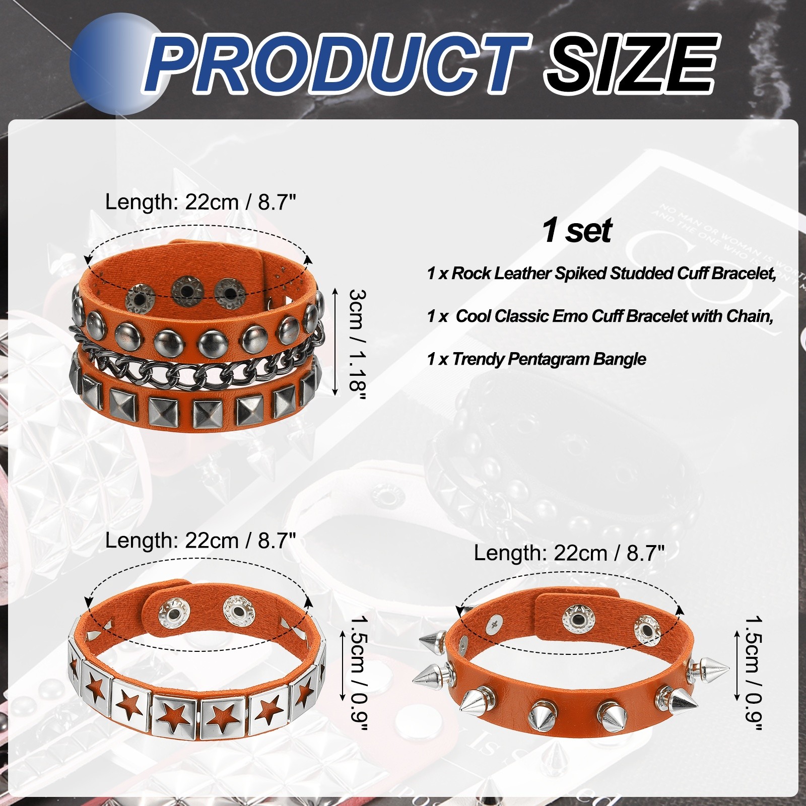 3Pcs Rock Studded Bracelet Set 8.7"/22cm Adjustable Bracelets Orange gallery