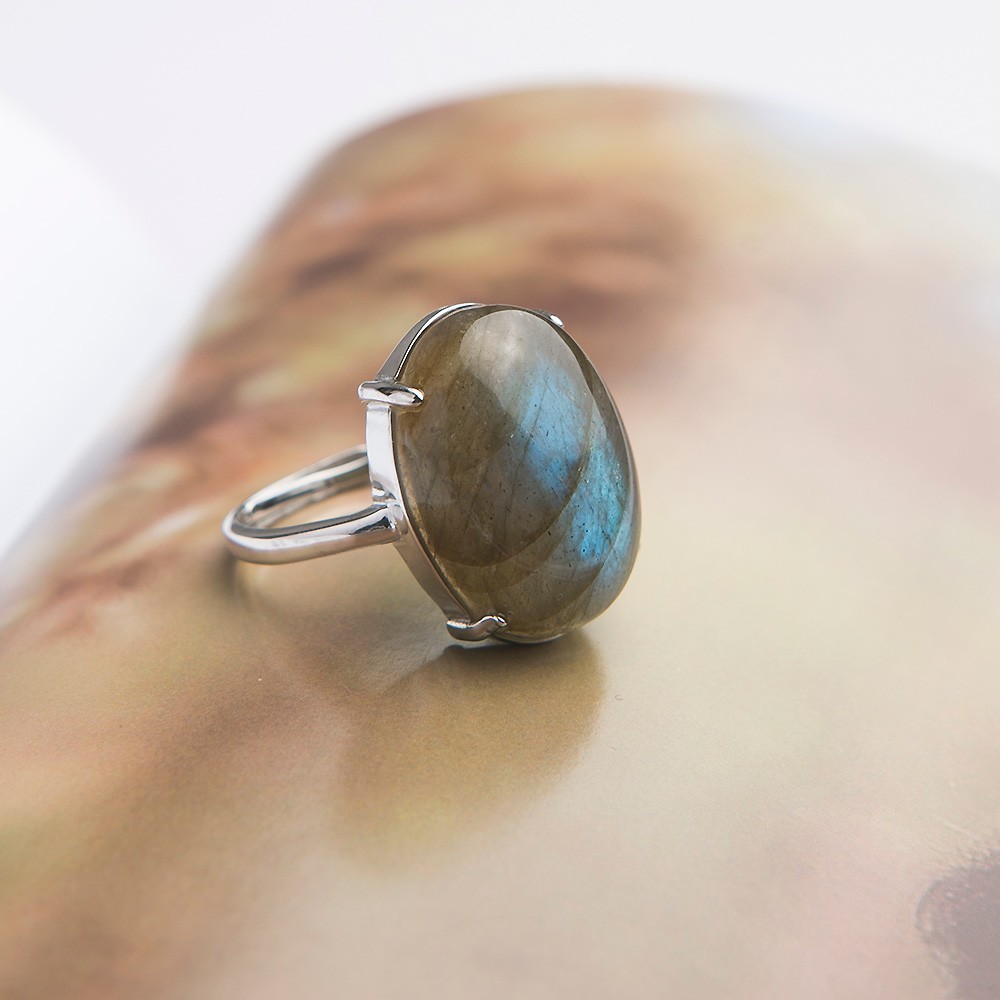 Natural Blue Labradorite Gemstone Woman Adjustable Beads Silver Ring 13*5mm AAAA gallery