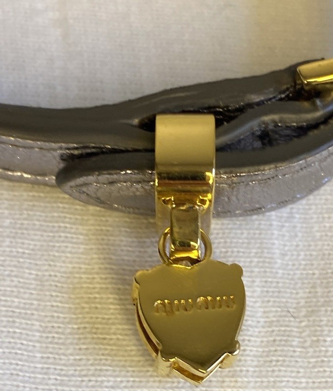 Miu Miu Silver Metallic Leather Bracelet with Goldtone Metal & Rhinestone (7.5") gallery