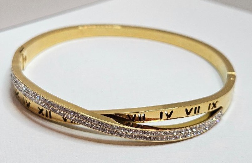 Bracelet Bangle GoldPlate Overlapping Bands Roman Numerals & Pave Set CZ Stones