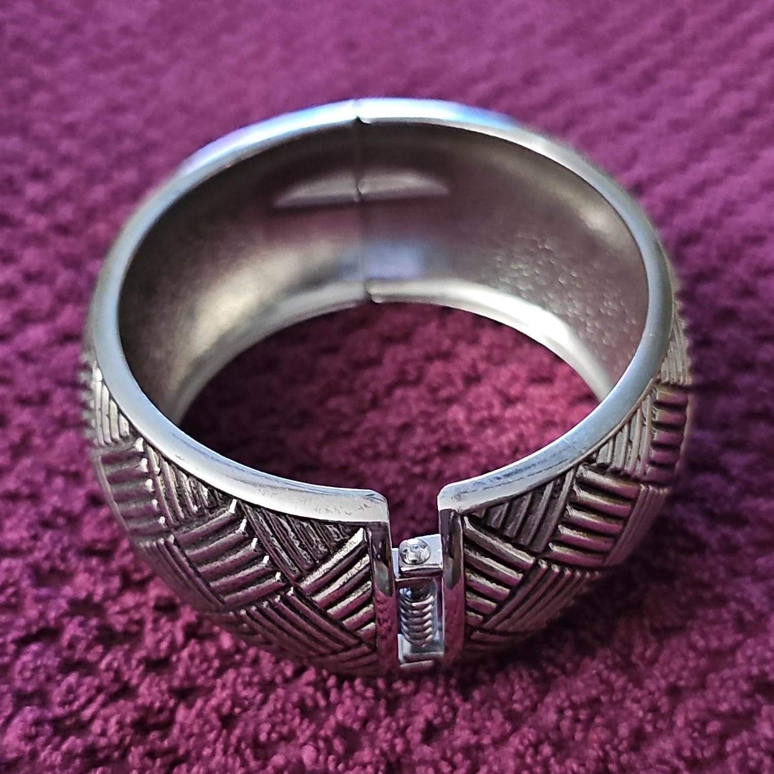 Silver Tone Hinged Woven Pattern Cuff Bracelet, Metal, No Stone gallery