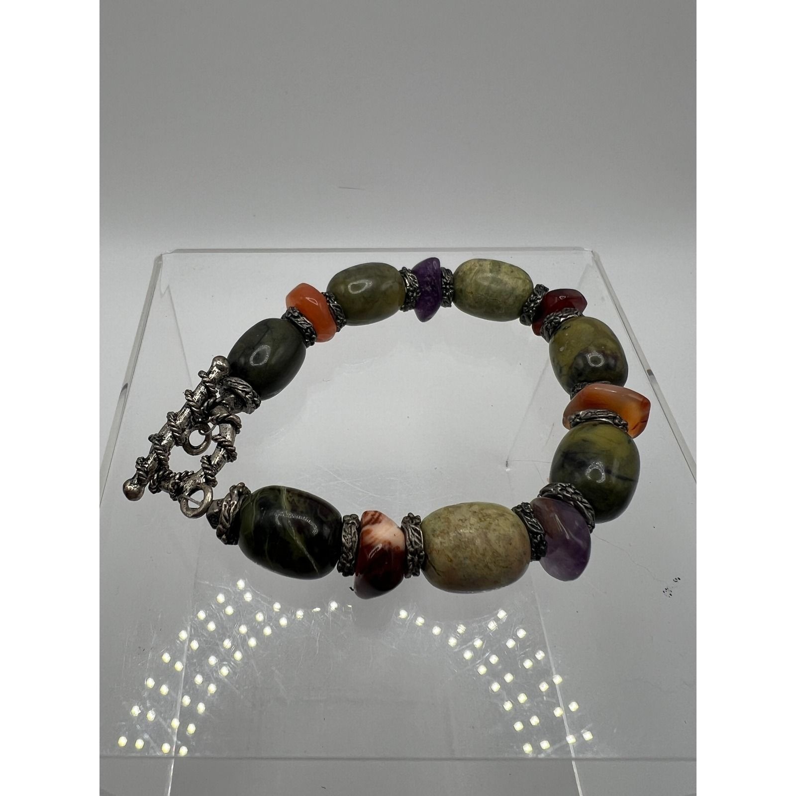 Serpentine Amethyst Multi Stone Beaded Bracelet Earthy Boho Gorpcore Green 8" gallery