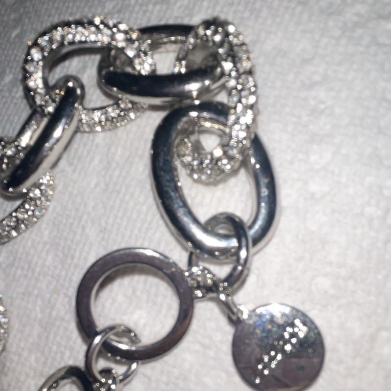 Silver Tone Oval Bar Link Bracelet Pavé Clear Crystal, Toggle, Disc Charm gallery